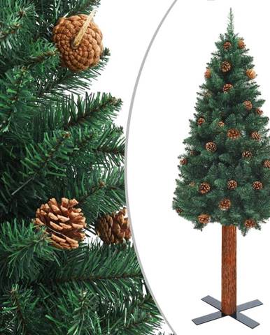 Vidaxl Úzky vianočný stromček s pravým drevom a šiškami zelený 150 cm PVC