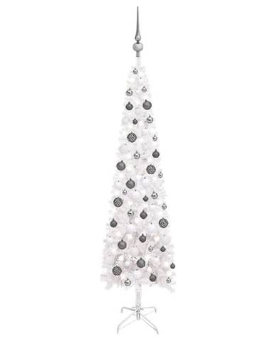 Vidaxl Úzky vianočný stromček s LED a sadou gulí biely 150 cm
